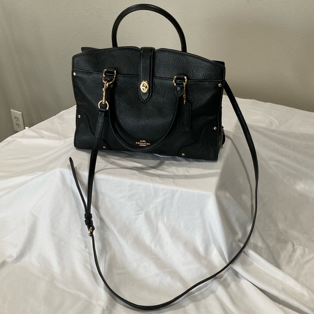 Coach Grain Mercer 30 Satchel Women Handbag Black Pebbled Leather Shoulder Strap